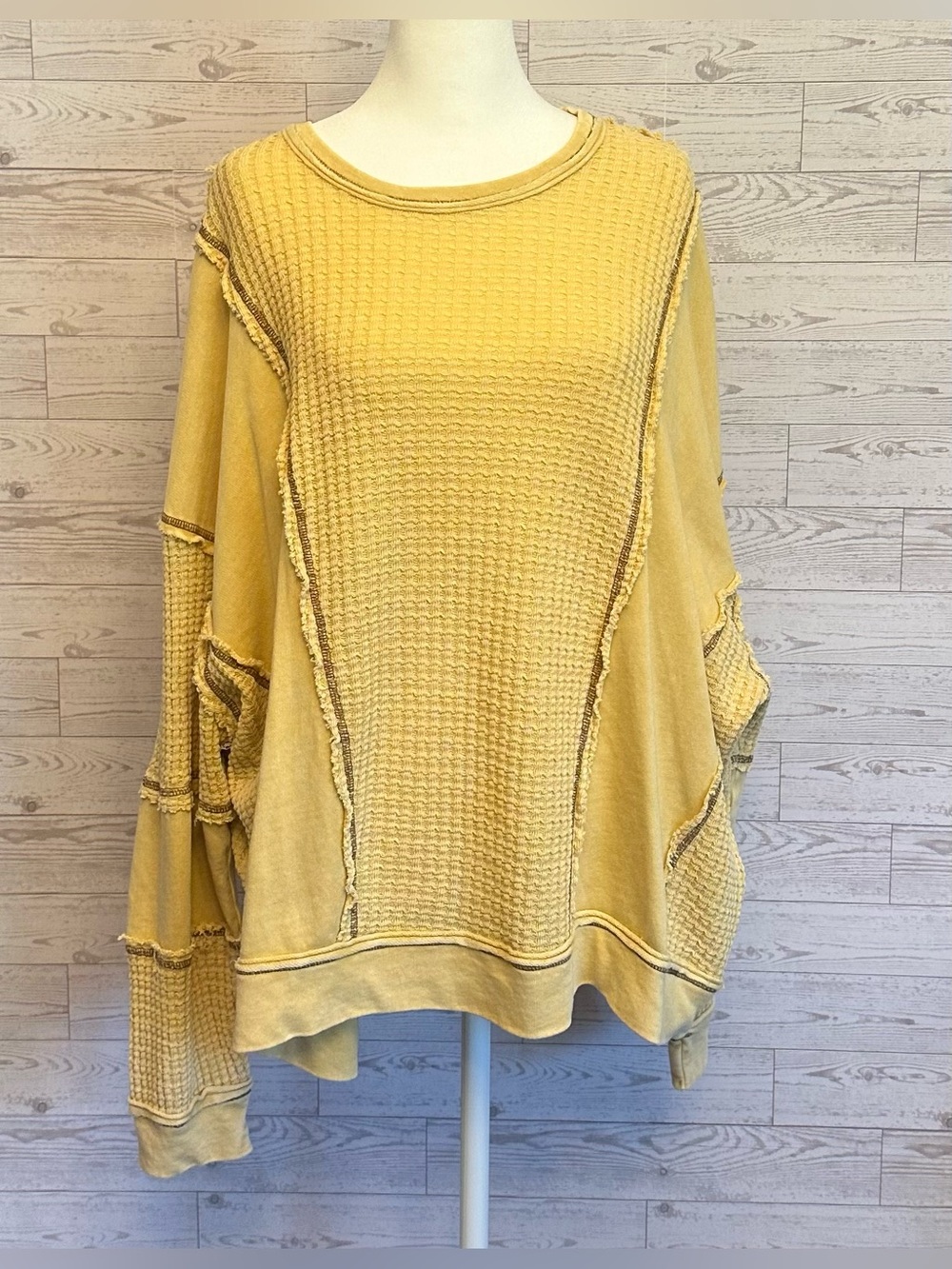 Easel Los Angeles Oversized Mustard Thermal Tunic Top Boho Long Sleeve